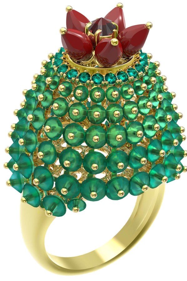 Кольцо из лимонного золота c гранатом, хризопразом, изумрудом и кораллом