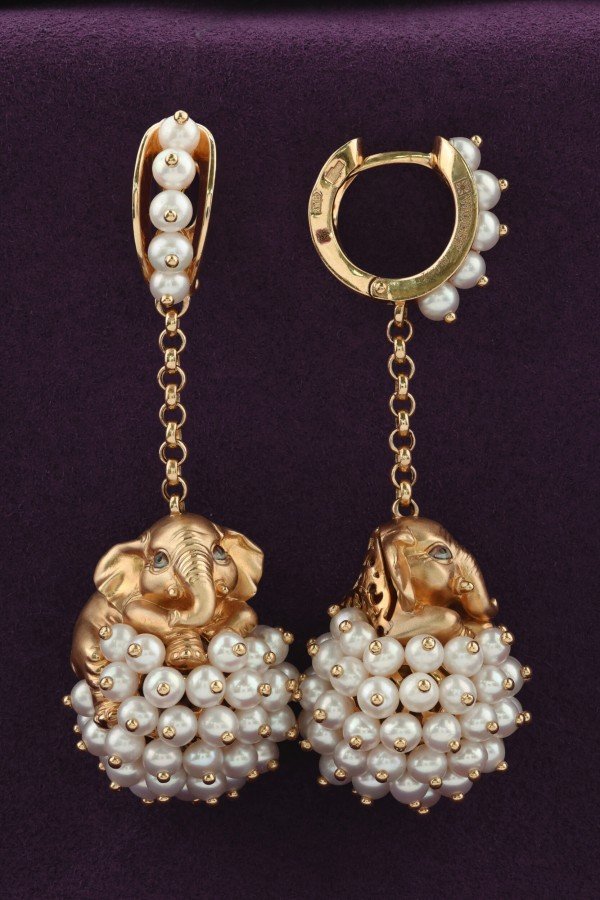 Серьги из золота c эмалью и жемчугом