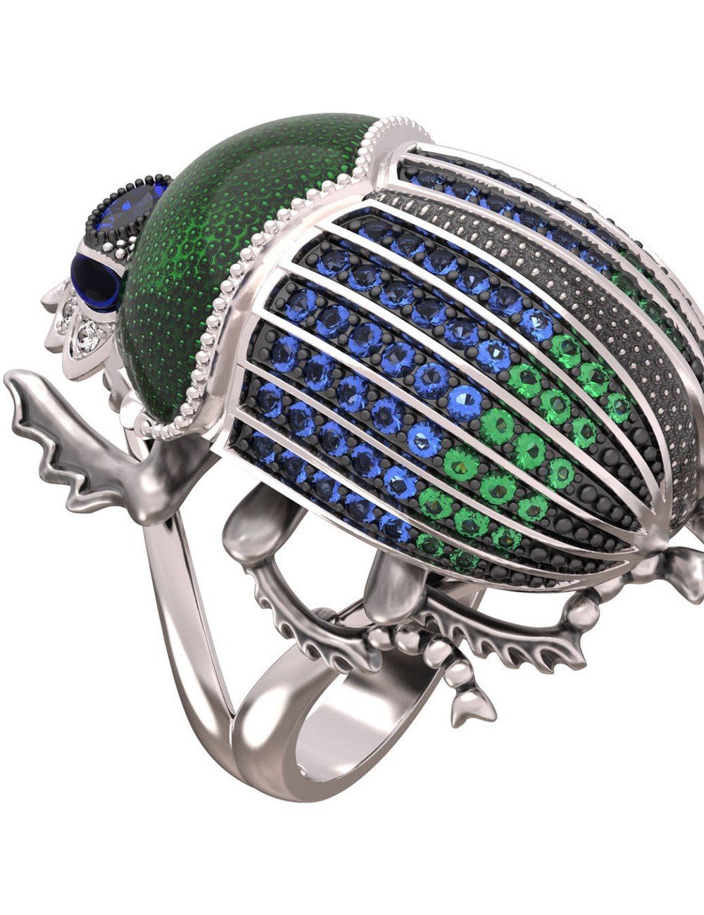 Кольцо из белого золота c эмалью, фианитом и сапфиром