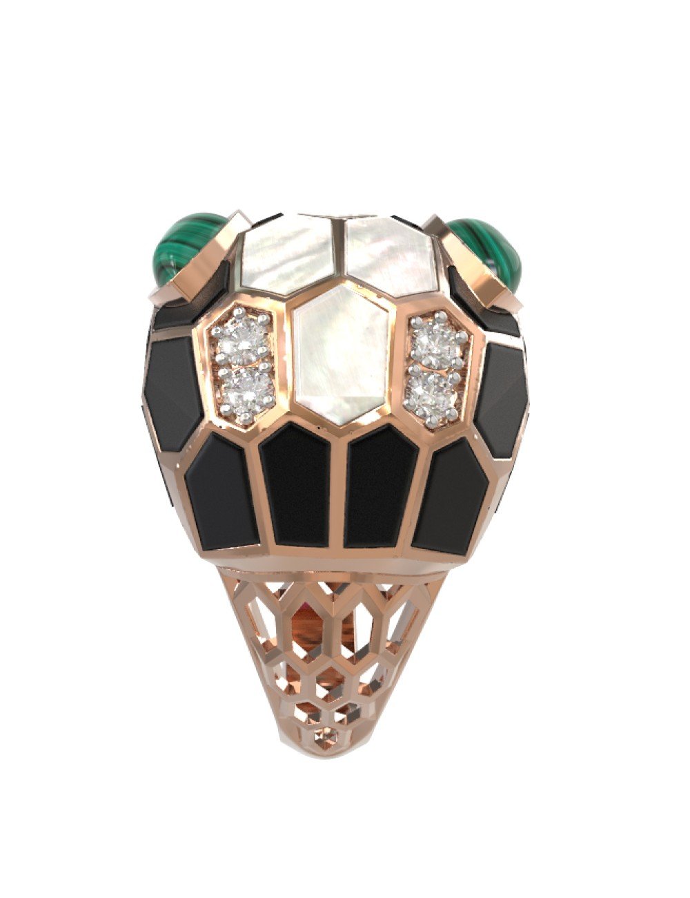 Кольцо из золота c бриллиантами, рубином, ониксом, малахитом и перламутром