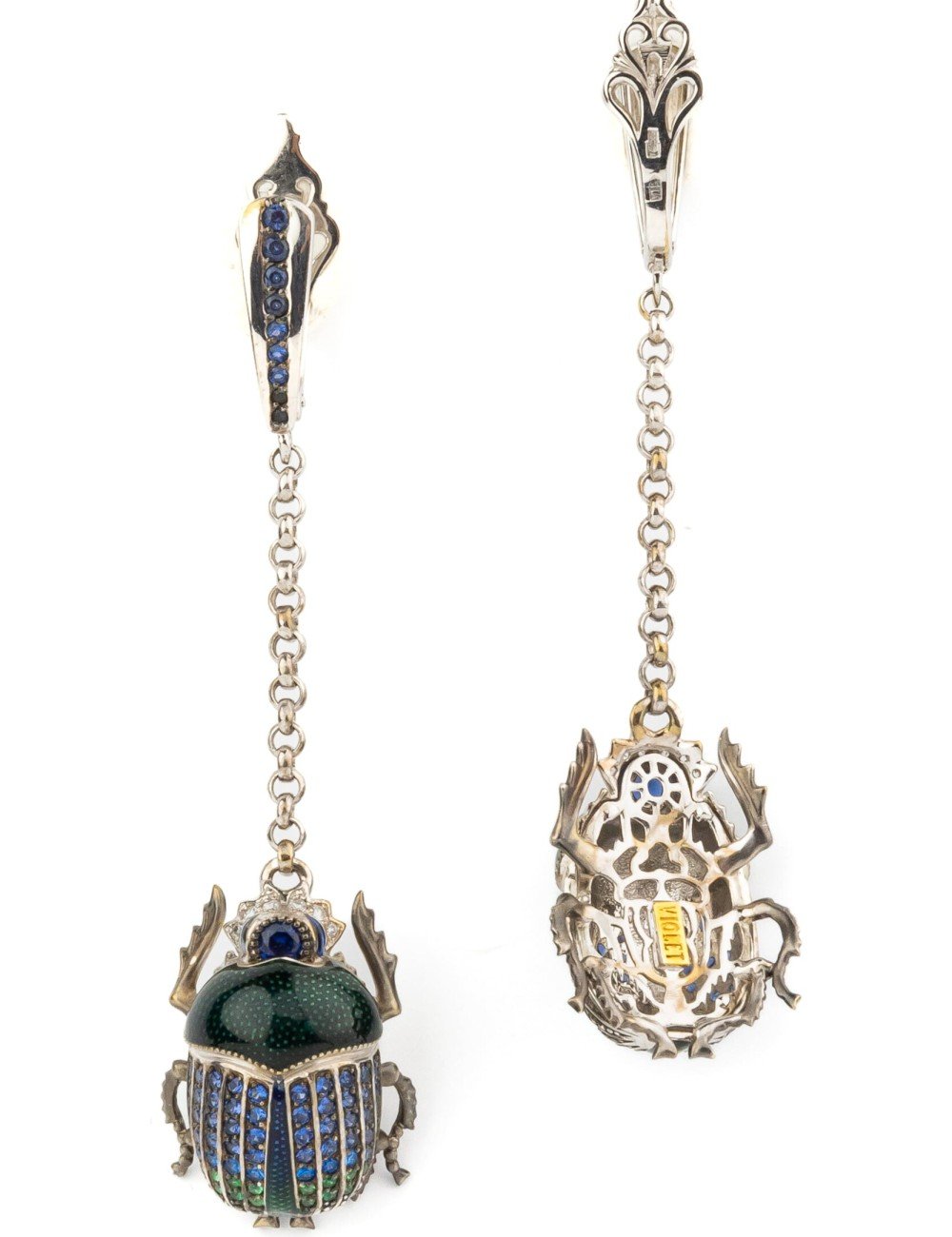 Серьги из белого золота c эмалью, фианитом и сапфиром