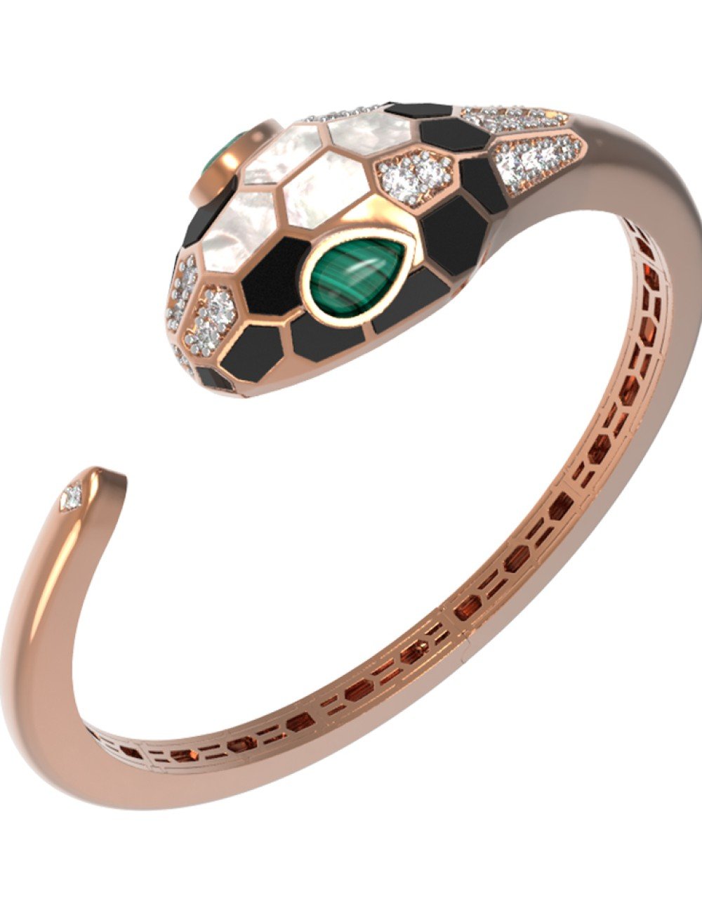 Браслет из золота c бриллиантами, рубином, ониксом, малахитом и перламутром