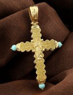 Крест из лимонного золота c бирюзой и кахолонгом