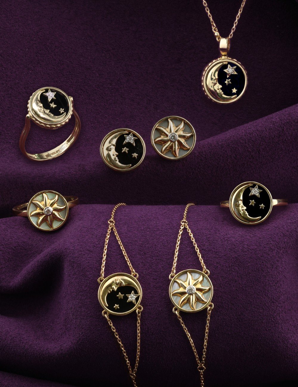 Колье из лимонного золота c бриллиантами, ониксом и перламутром