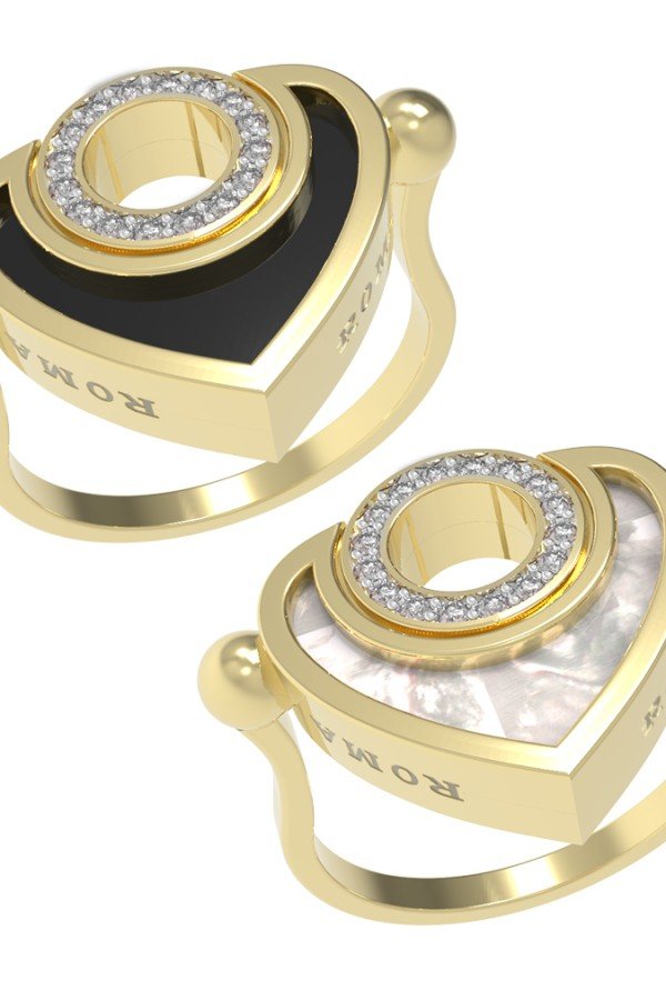 Кольцо из лимонного золота c бриллиантами, ониксом и перламутром