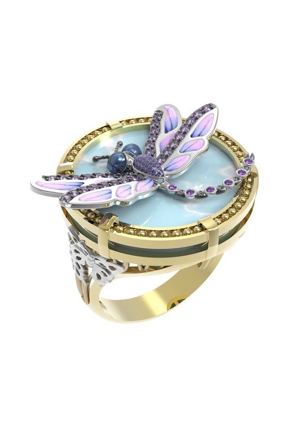 Кольцо из лимонного золота c бирюзой, аметистом и эмалью