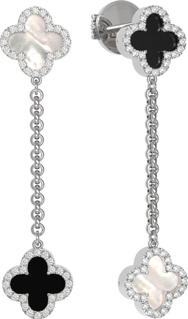 Серьги из белого золота c бриллиантами, ониксом и перламутром