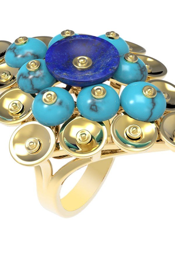 Кольцо из лимонного золота c бирюзой и лазуритом