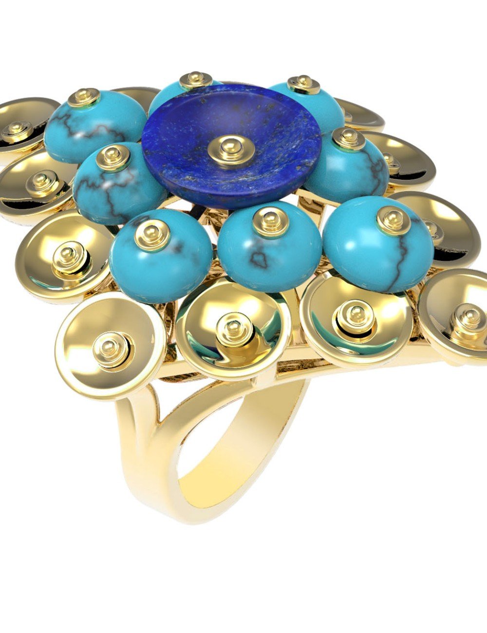 Кольцо из лимонного золота c бирюзой и лазуритом