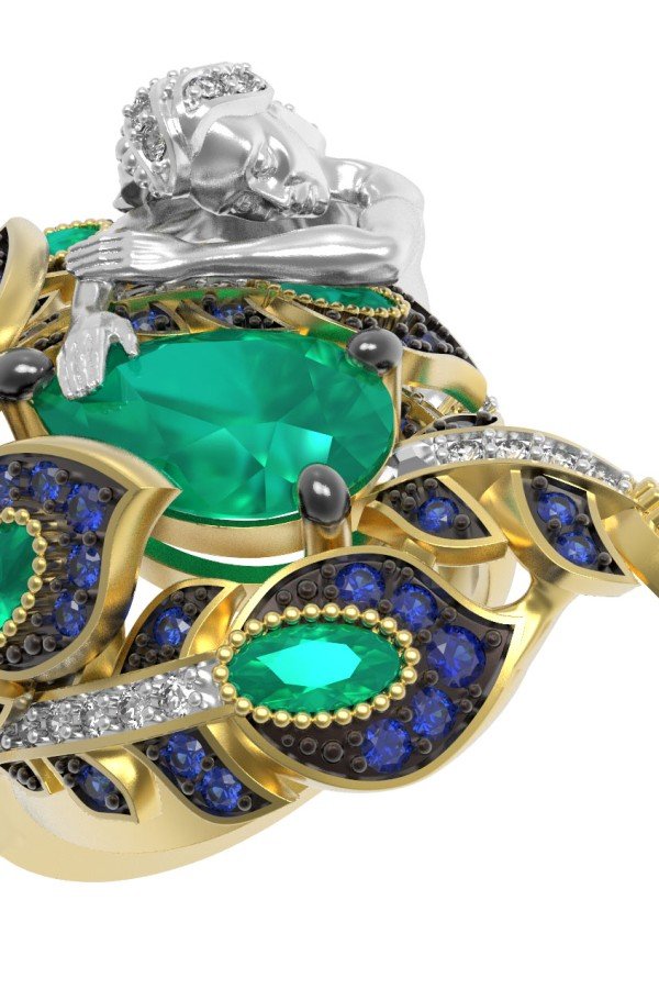 Кольцо из лимонного золота c фианитом и хризопразом