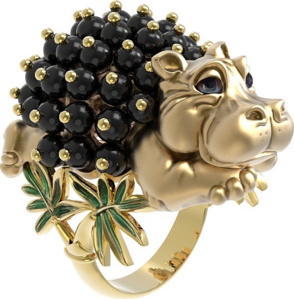 Кольцо из лимонного золота c эмалью и ониксом