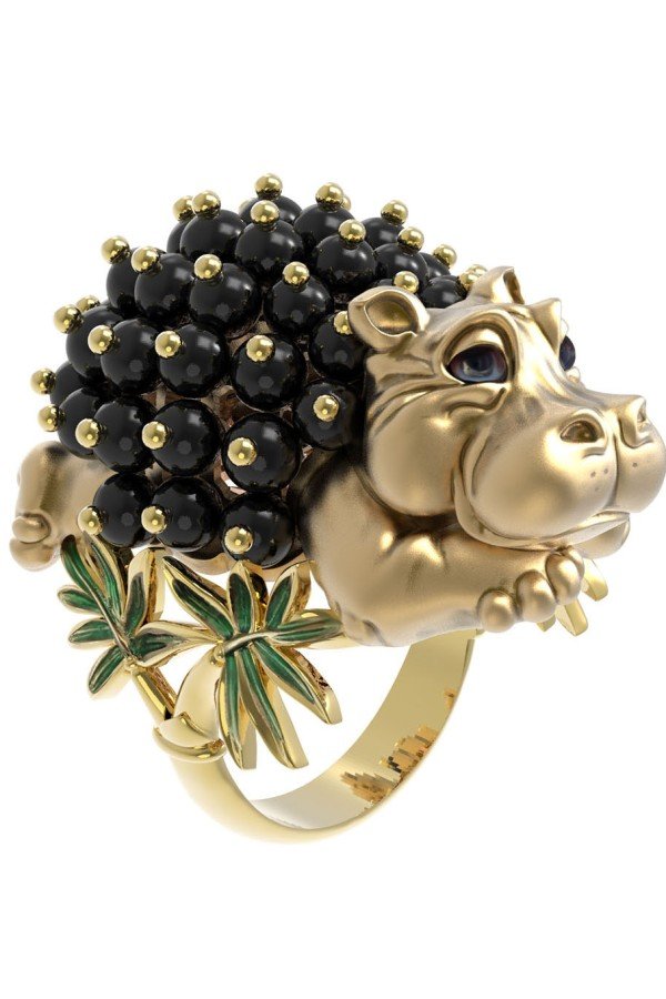 Кольцо из лимонного золота c эмалью и ониксом