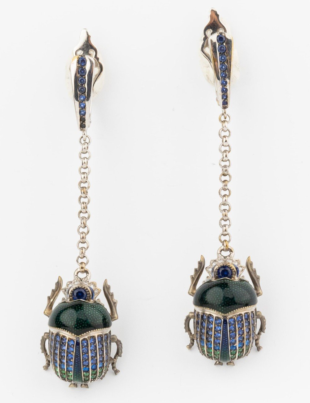 Серьги из белого золота c эмалью, фианитом и сапфиром