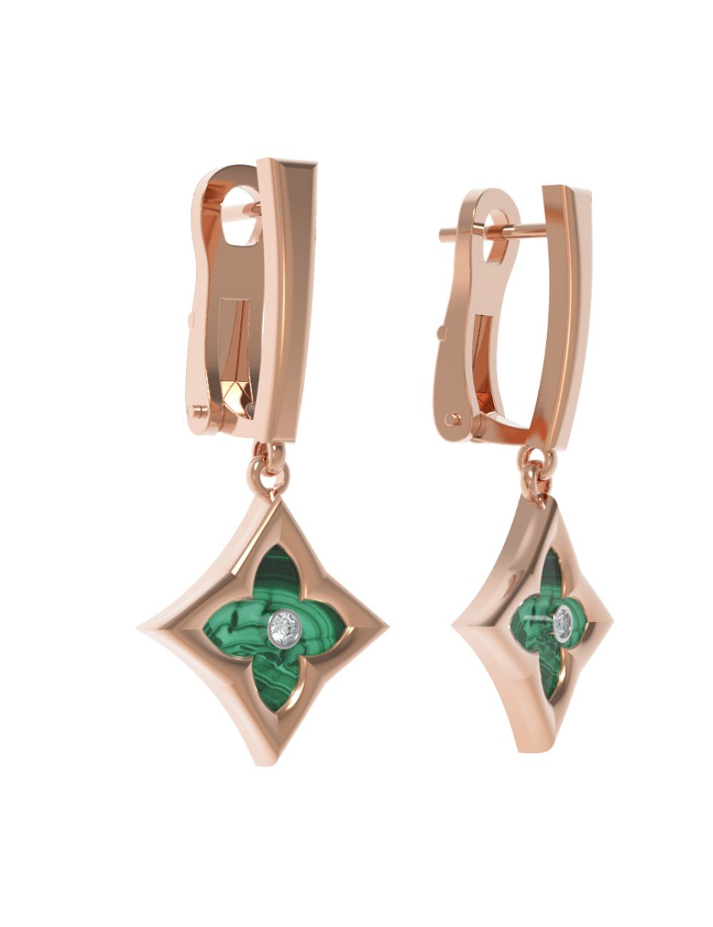 Серьги из золота c бриллиантами и малахитом