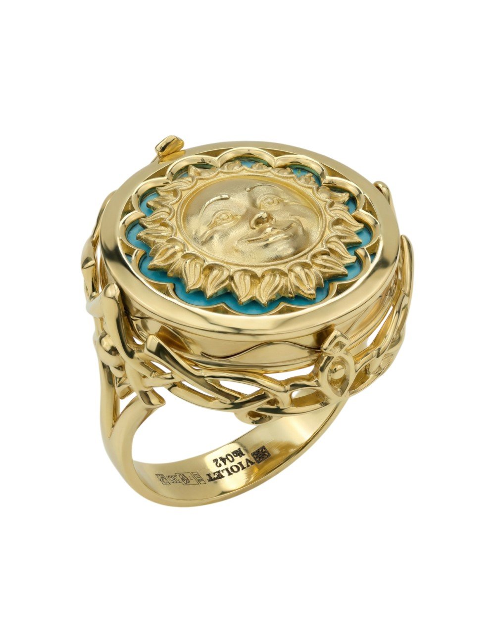 Кольцо из лимонного золота c бирюзой и лазуритом