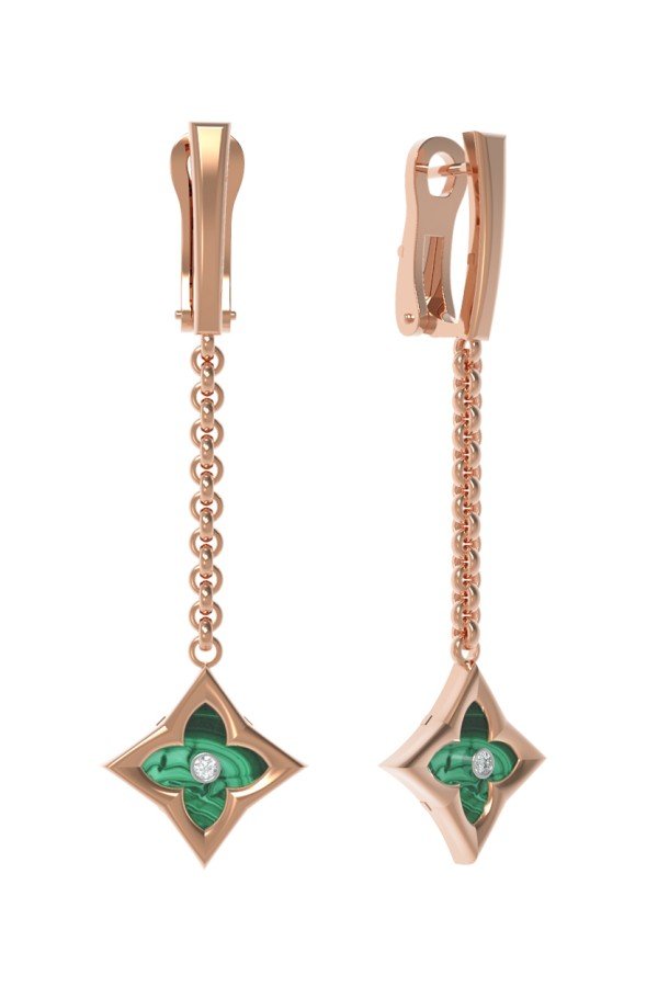 Серьги из золота c бриллиантами и малахитом