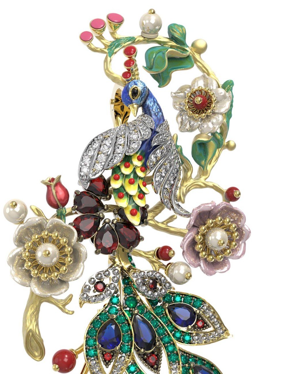 Брошь из лимонного золота c эмалью, фианитом, гранатом, жемчугом, сапфиром, кораллом и перламутром