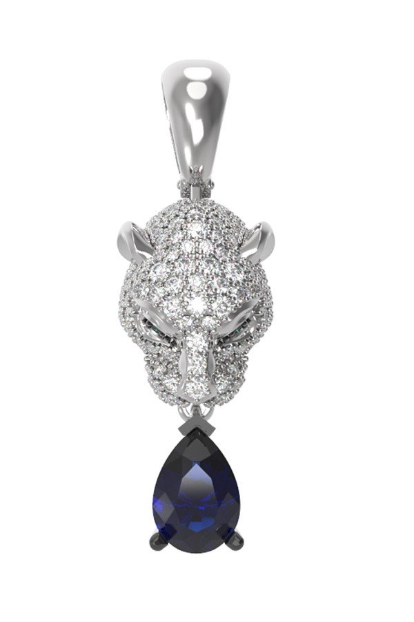 Подвеска из белого золота c бриллиантами, сапфиром и изумрудом