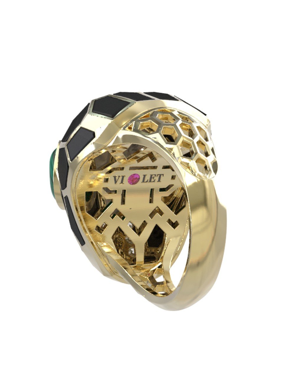 Кольцо из лимонного золота c бриллиантами, рубином, ониксом, малахитом и перламутром