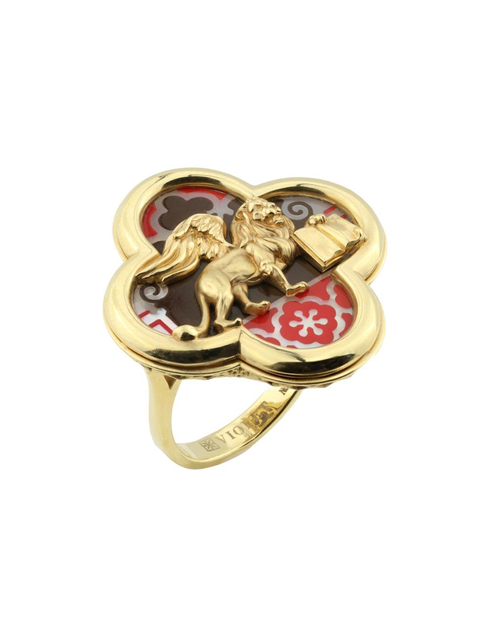 Кольцо из лимонного золота c эмалью и перламутром