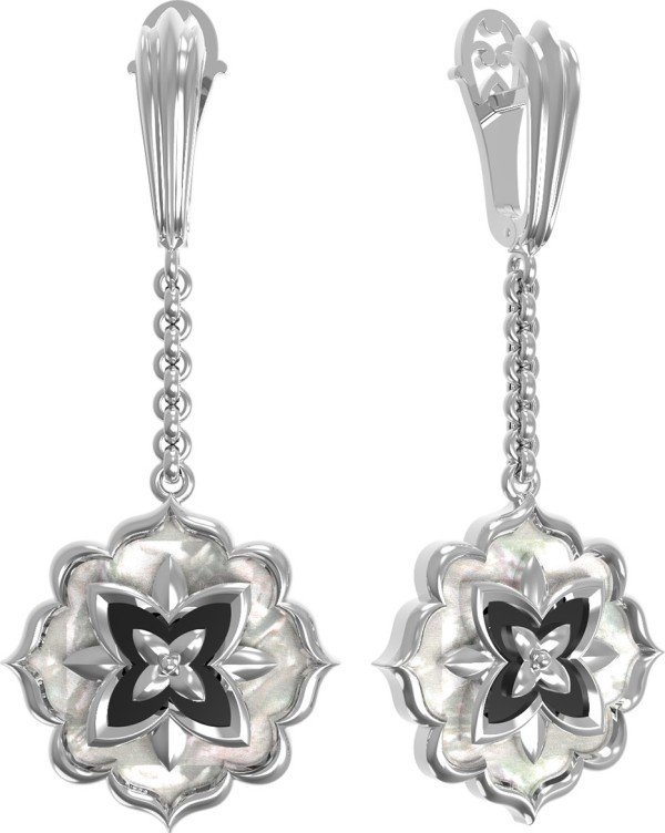 Серьги из белого золота c ониксом и перламутром