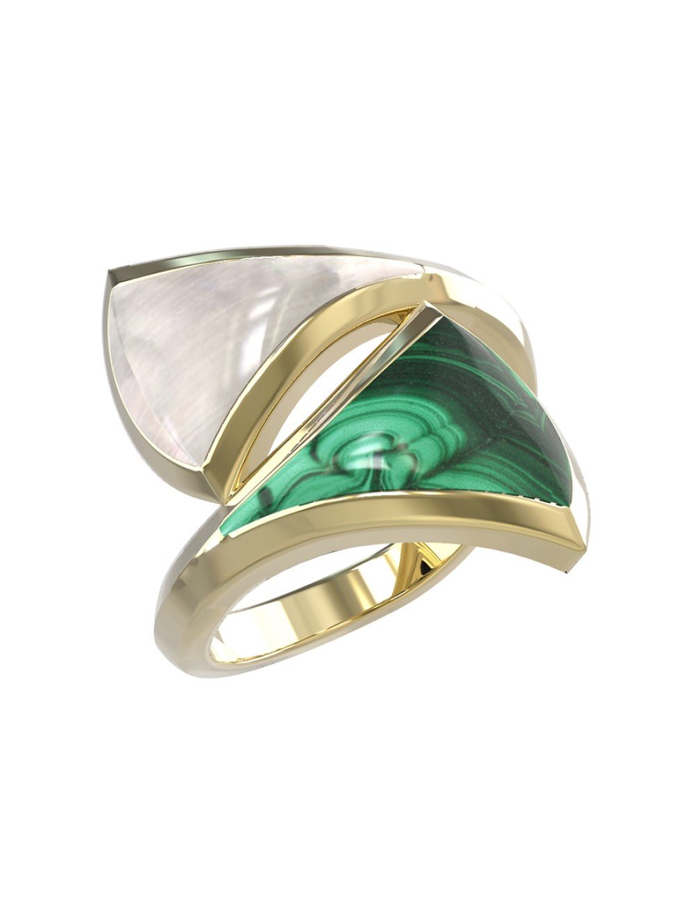 Кольцо из лимонного золота c малахитом и перламутром
