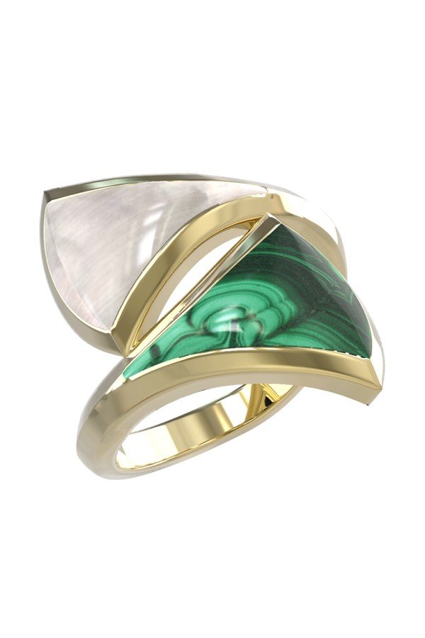 Кольцо из лимонного золота c малахитом и перламутром