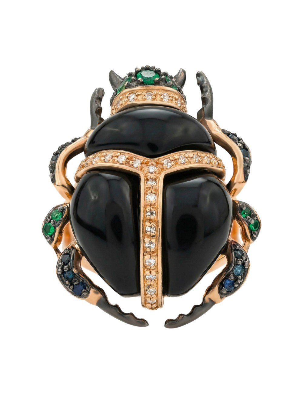 Кольцо из золота c бриллиантами, сапфиром, изумрудом и ониксом