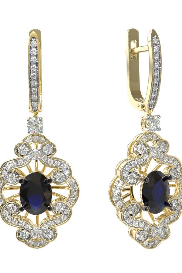 Серьги из лимонного золота c бриллиантами и сапфиром