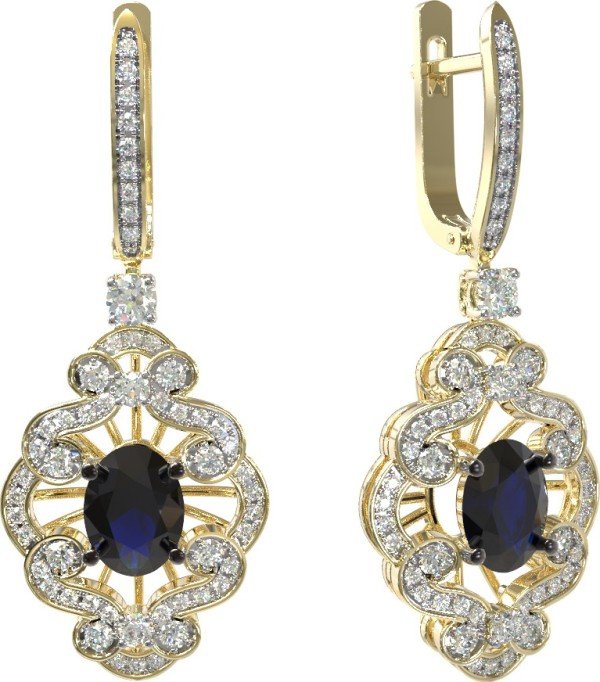 Серьги из лимонного золота c бриллиантами и сапфиром