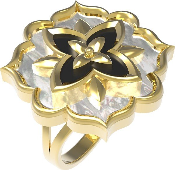 Кольцо из лимонного золота c ониксом и перламутром