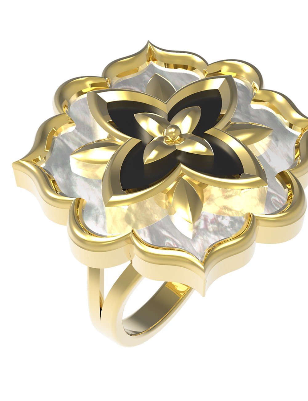 Кольцо из лимонного золота c ониксом и перламутром