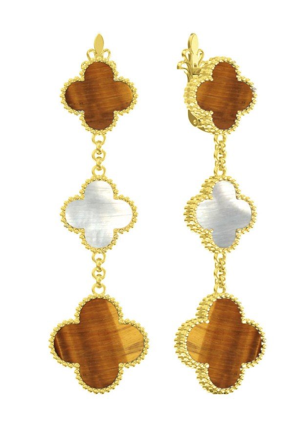 Серьги из лимонного золота c тигровым глазом и перламутром