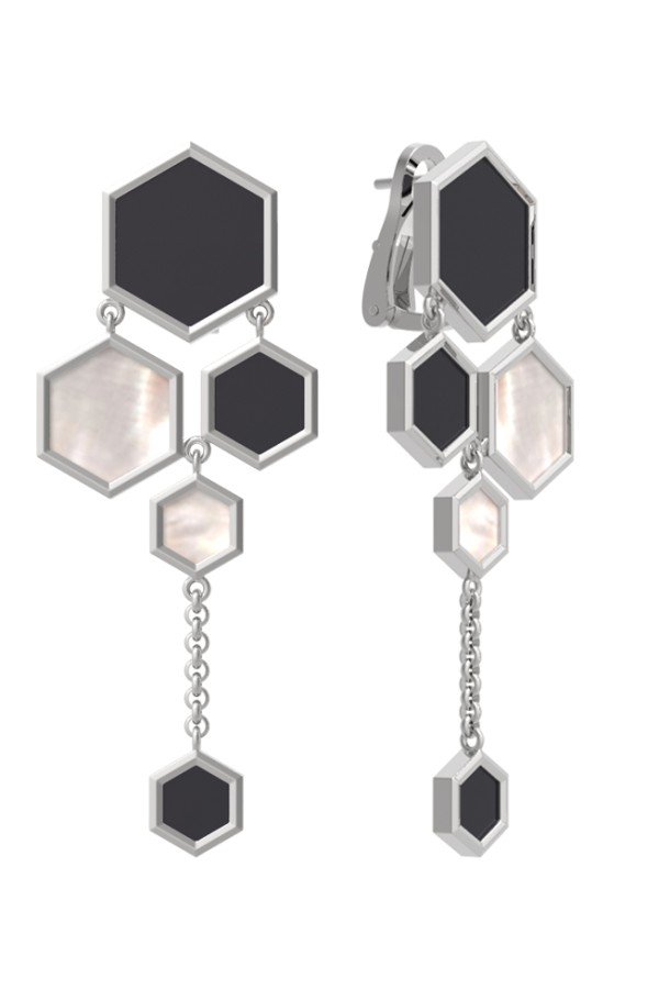 Серьги из белого золота c ониксом и перламутром