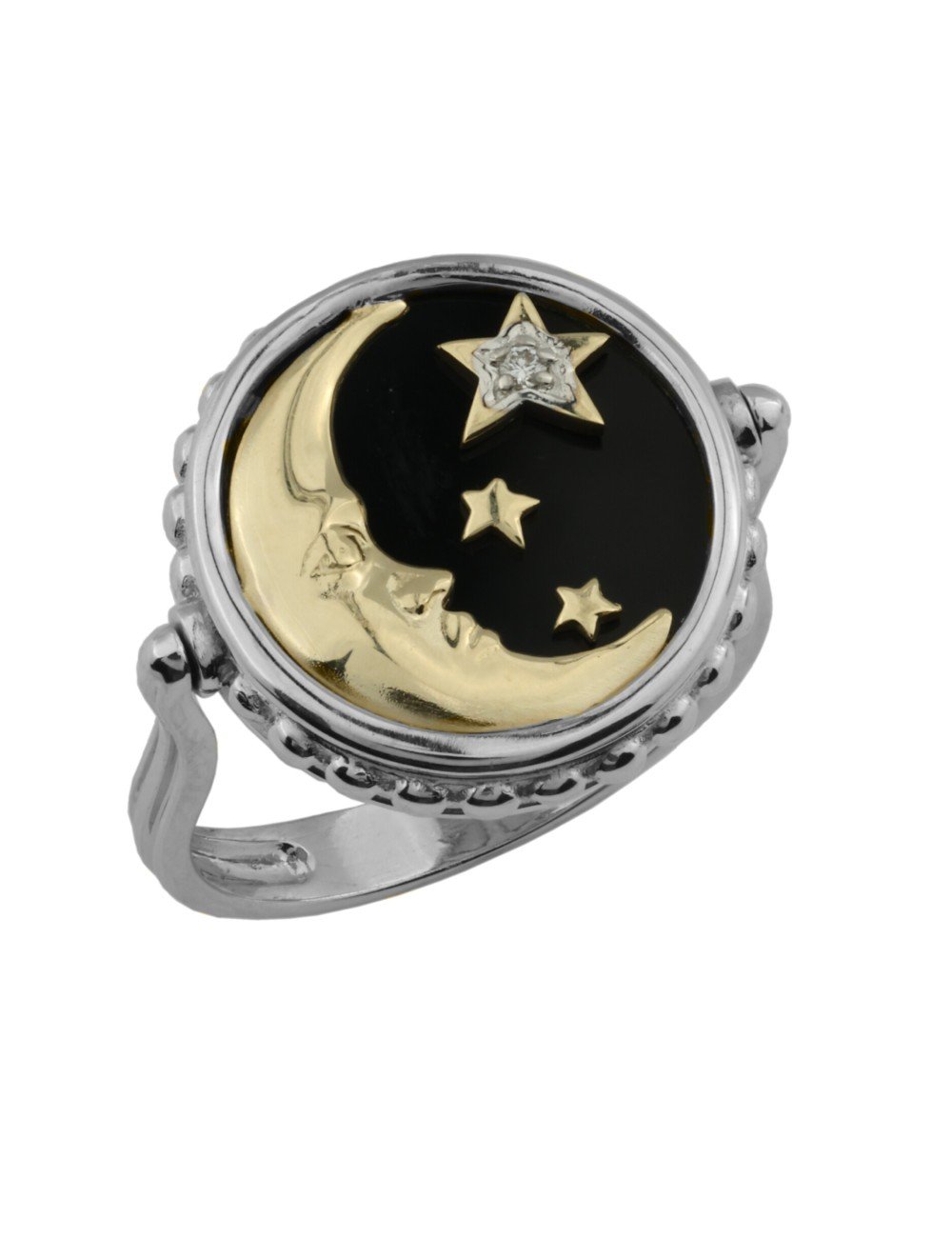 Кольцо из белого золота c бриллиантами, ониксом и перламутром