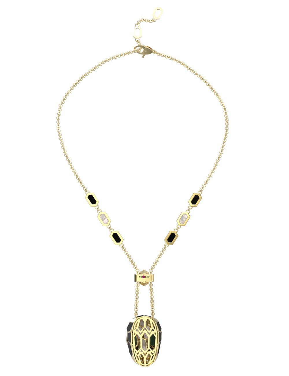 Колье из лимонного золота c бриллиантами, рубином, ониксом, малахитом и перламутром