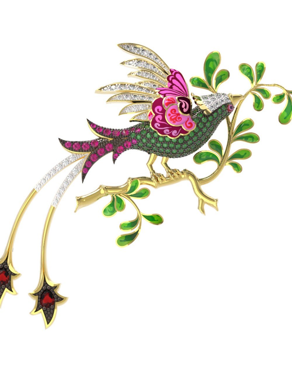 Брошь из лимонного золота c эмалью, фианитом и гранатом