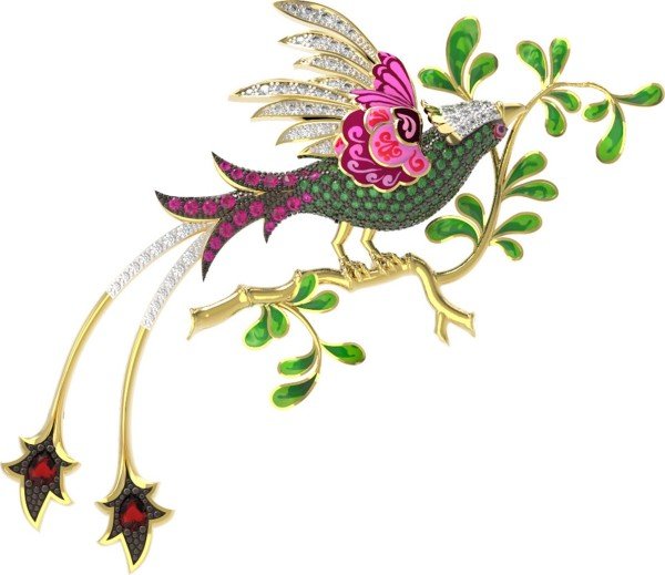 Брошь из лимонного золота c эмалью, фианитом и гранатом