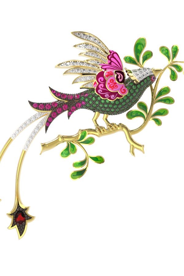 Брошь из лимонного золота c эмалью, фианитом и гранатом