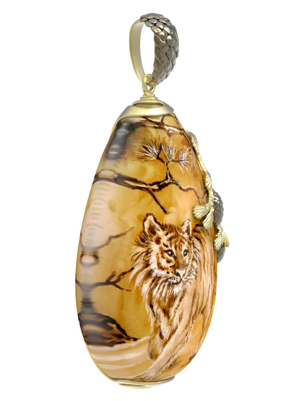 Подвеска из лимонного золота c росписным янтарём