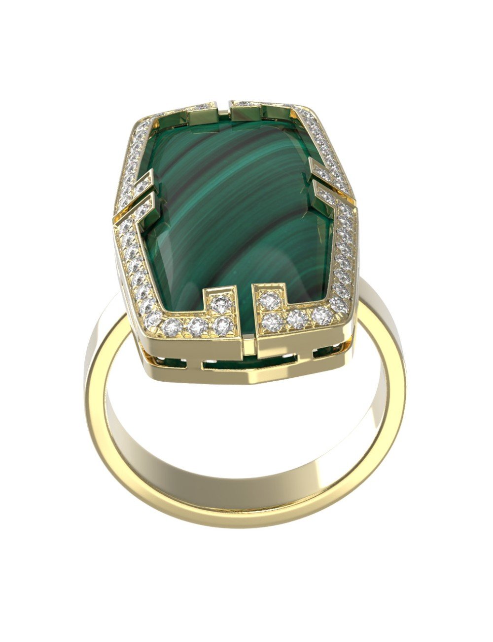 Кольцо из лимонного золота c бриллиантами, рубином и малахитом