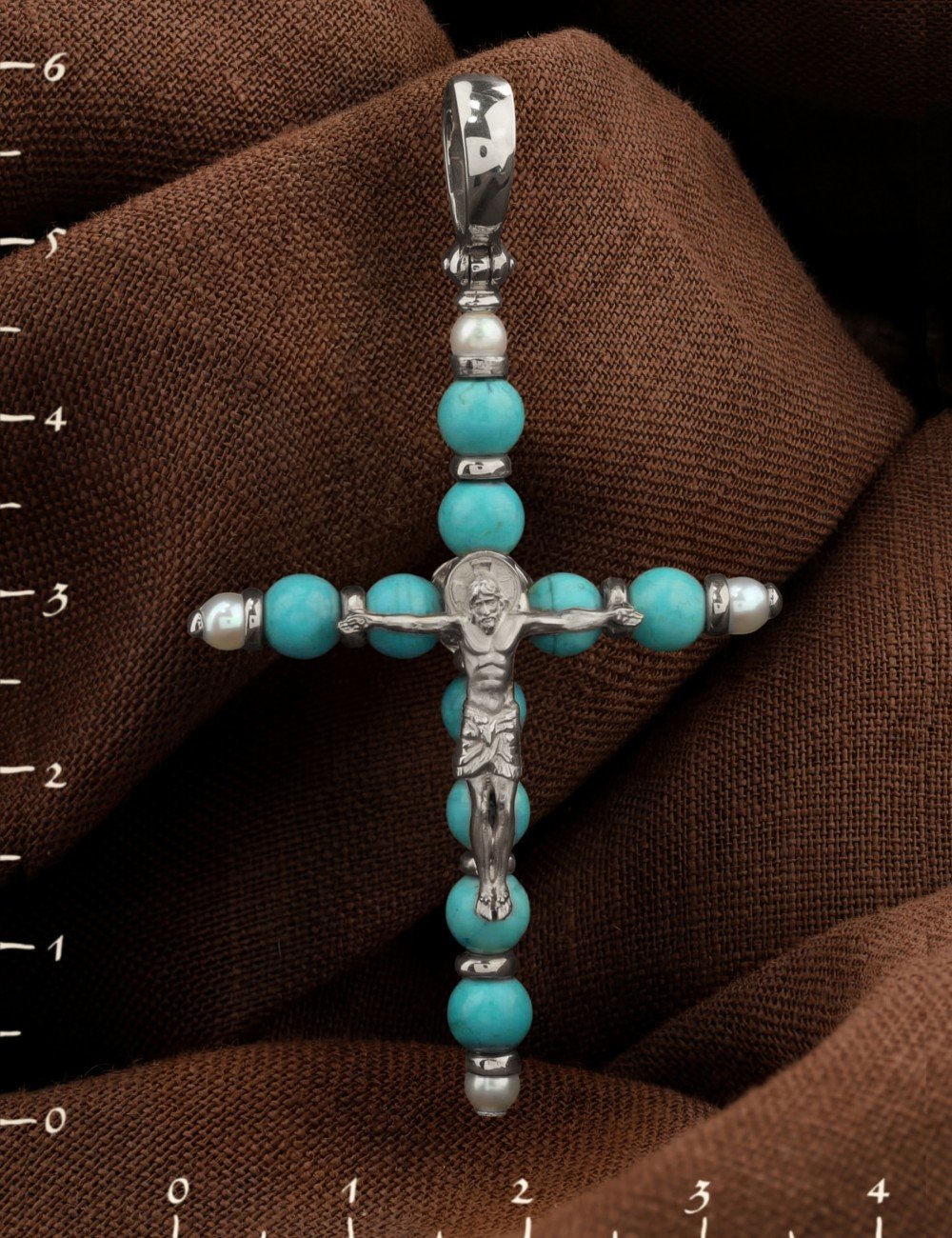 Крест из белого золота c жемчугом и бирюзой