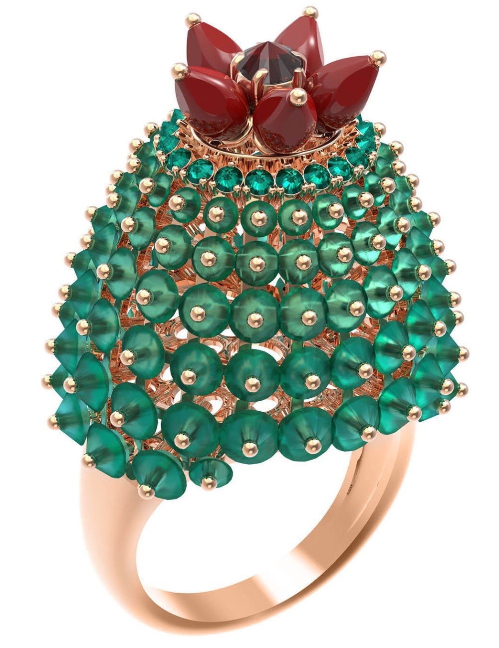 Кольцо из золота c гранатом, хризопразом, изумрудом и кораллом