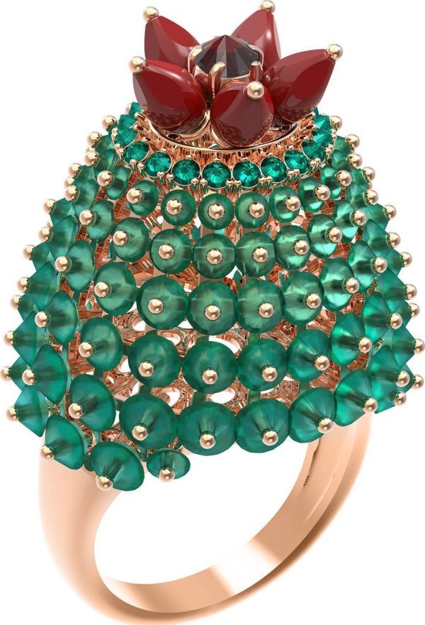 Кольцо из золота c гранатом, хризопразом, изумрудом и кораллом