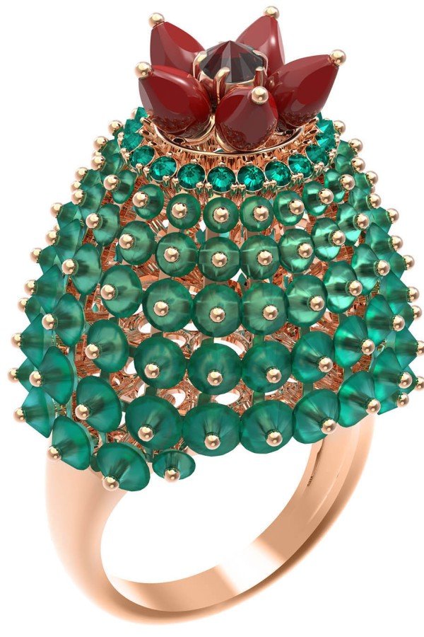 Кольцо из золота c гранатом, хризопразом, изумрудом и кораллом