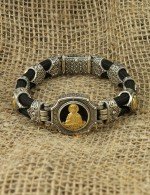 Браслет из серебра и золота c ониксом и шёлковым шнурком