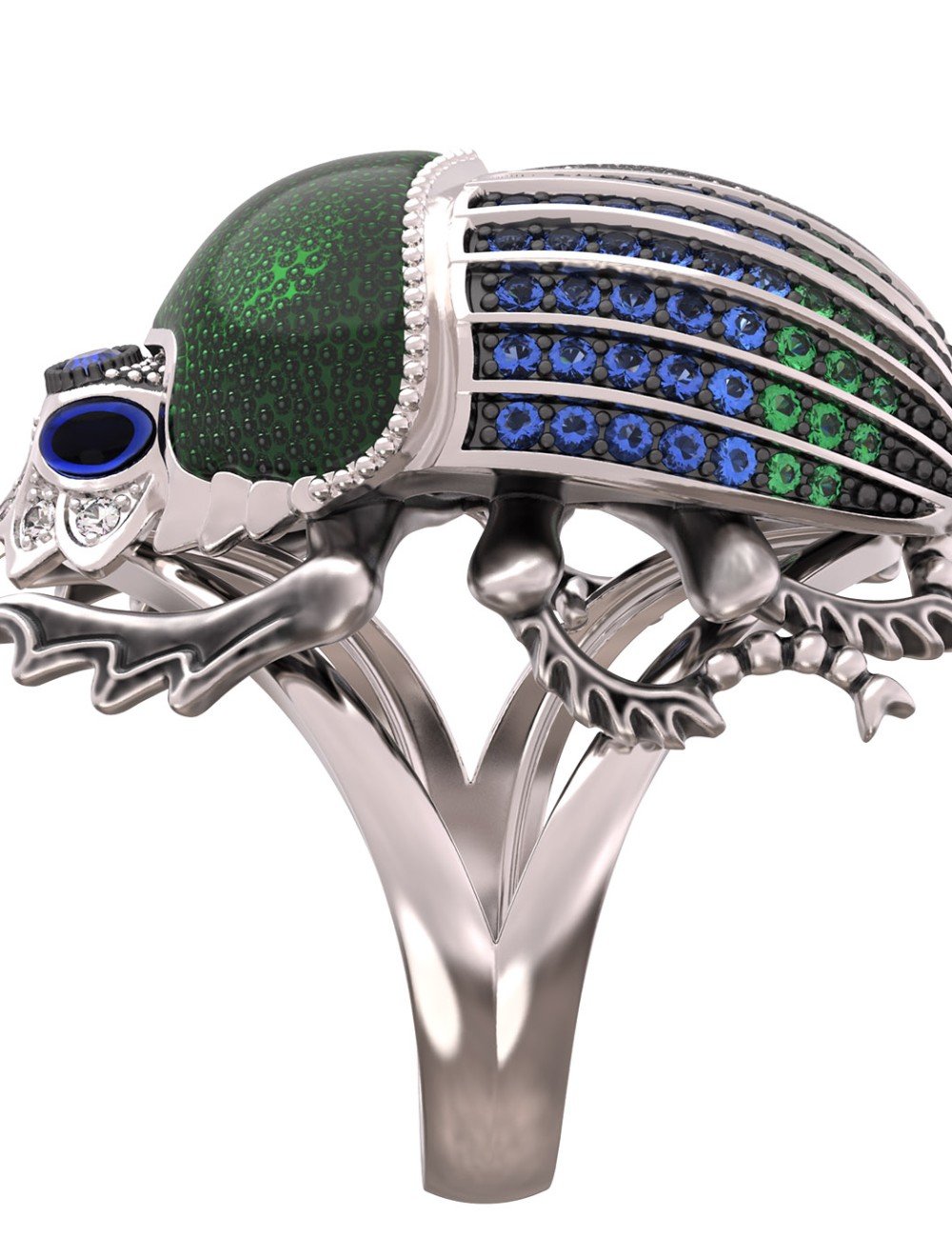 Кольцо из белого золота c эмалью, фианитом и сапфиром