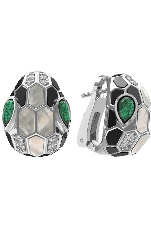 Серьги из белого золота c бриллиантами, рубином, ониксом, малахитом и перламутром