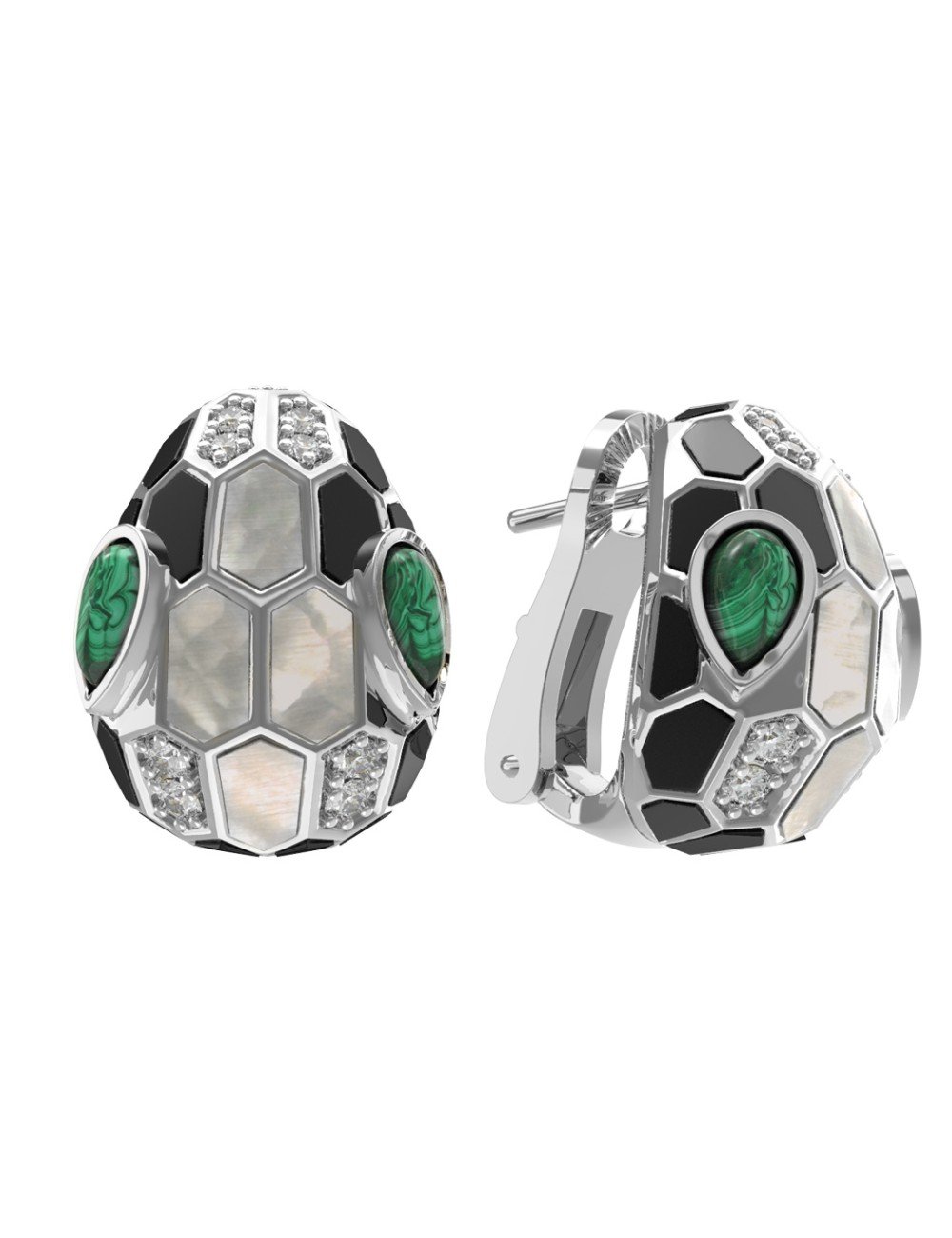 Серьги из белого золота c бриллиантами, рубином, ониксом, малахитом и перламутром