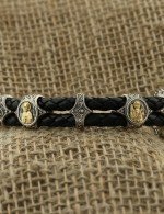 Браслет из серебра и золота c кожаным шнурком и ониксом